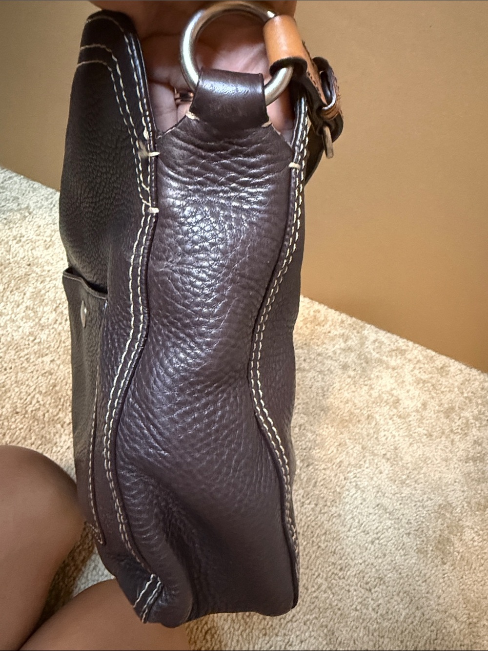 Coach Brown Pebbled Chelsea Leather Shoulder Bag with Contrast Stitching - Picture 9 of 11